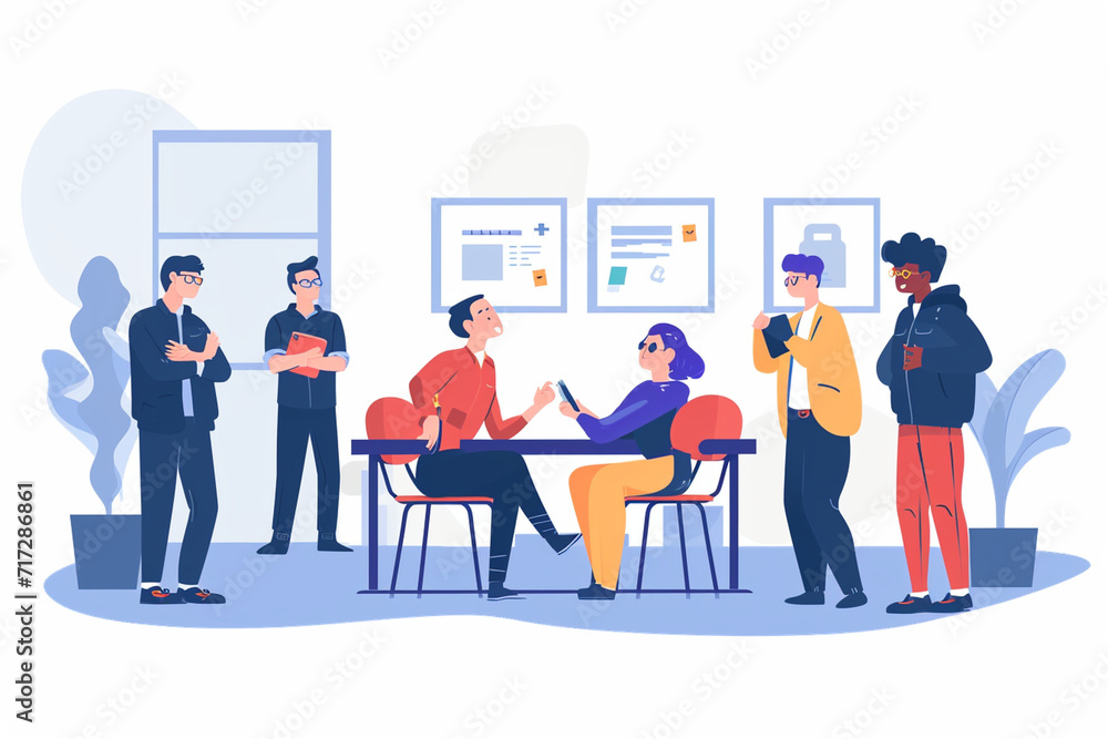 Illustration of a conflict resolution workshop with employees acting out scenarios, Flat illustration Illustration of a conflict resolution workshop with employees acting out scenarios, Flat illustration