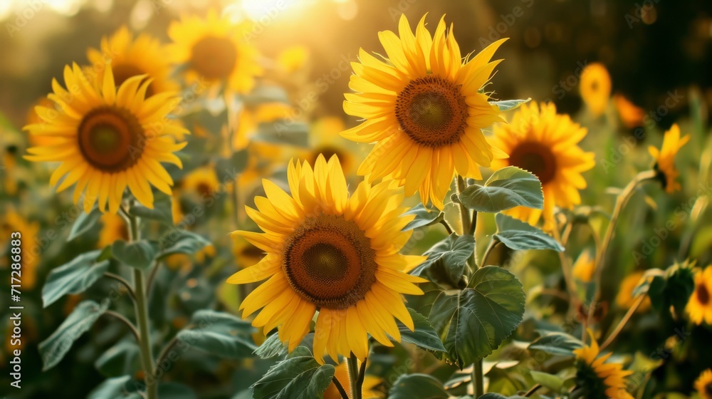 Radiant sunflowers in a tropical field, basking in golden yellows and deep oranges generative ai Radiant sunflowers in a tropical field, basking in golden yellows and deep oranges generative ai