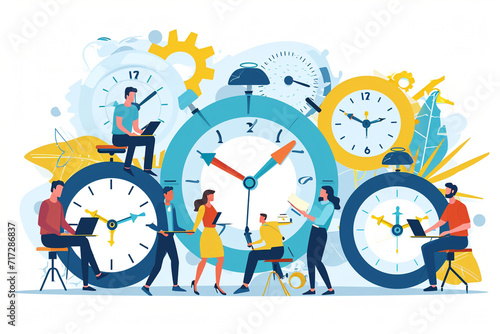 Illustration of a time management training with employees and clocks, Flat illustration