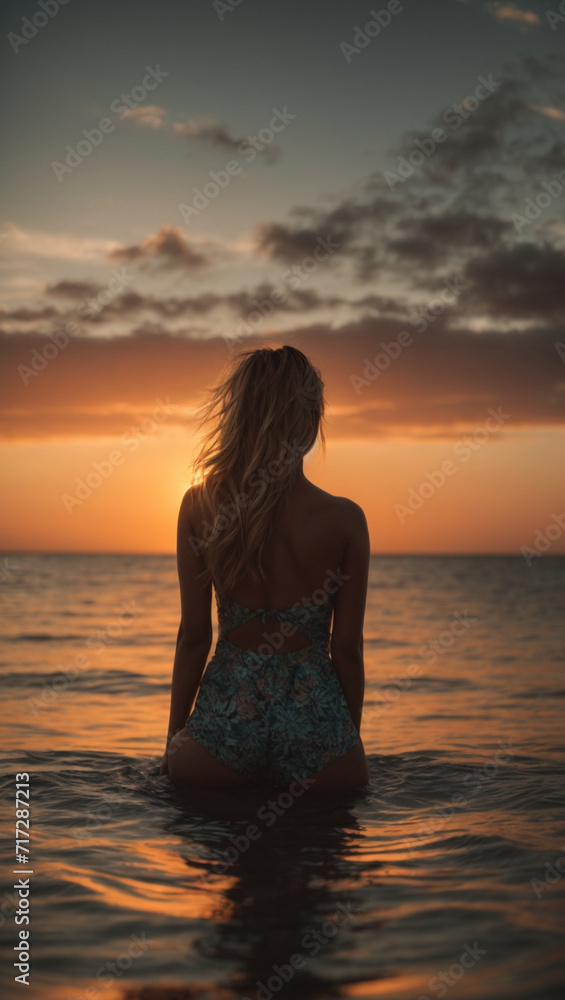 Fototapeta premium Rear view shot from behind of a young woman spending time meditating in the sea at sunset 