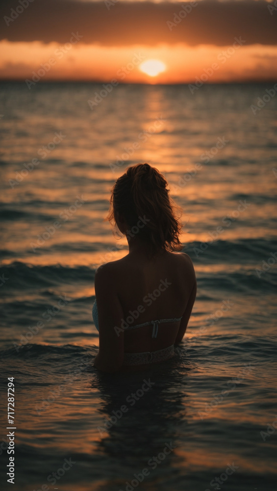 Rear view shot from behind of a young woman spending time meditating in the sea at sunset
