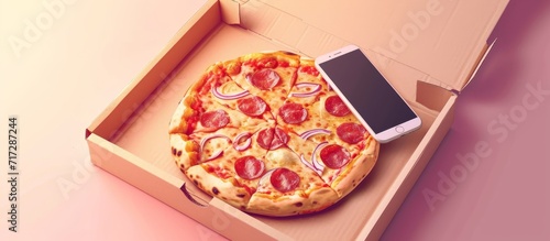Online pizza delivery with smartphone app for ordering, paying, tipping, rating, and reviewing; fast food boxes brought to your door by restaurant delivery service.