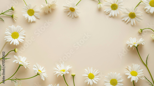 Small white daisies lined around a cream-colored backdrop, wedding, Flat lay, top view, with copy space © Катерина Євтехова
