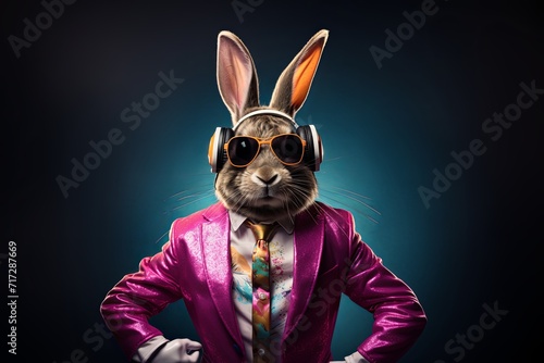 Cool Easter bunny as a dj with sunglasses and headphones. photo