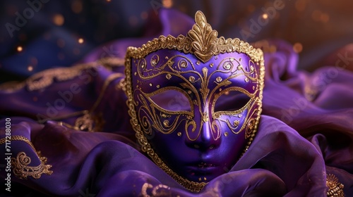 Royal purple and gold masquerade mask, conveying opulence and grandeur on a luxurious background generative ai