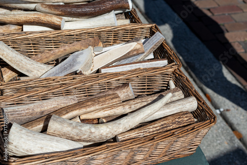Baskets filled with elk antlers used for dog treats and crafts. The small eco friendly bony branches are from wild or farm raised male deer. The natural dog chews remove tarter and plaque from teeth. photo