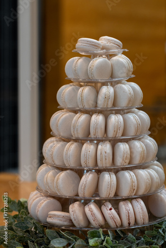 A pyramid or tier tower of an assortment of pastel colored French macaroons designed for a wedding. The pattern of traditional cream filled macarons has a green foliage base. There are seven rows.
