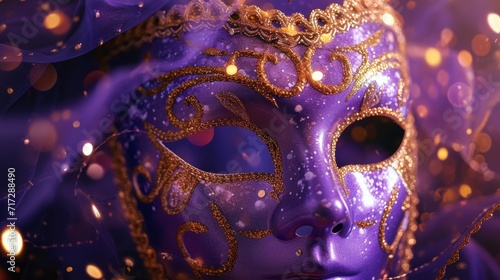 Royal purple and gold masquerade mask, conveying opulence and grandeur on a luxurious background generative ai