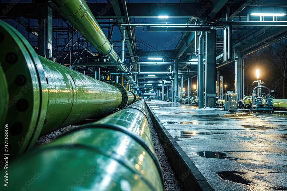 Industrial pipes in a green hydrogen and hydrogen energy factory at night Industrial pipes in a green hydrogen and hydrogen energy factory at night