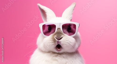 Cool Easter bunny with sunglasses in front of a pink background.