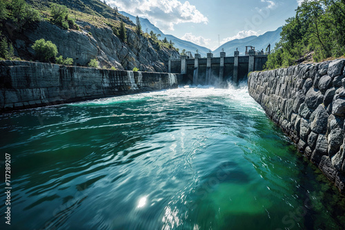 Hydroelectric dam releasing water into a river photo