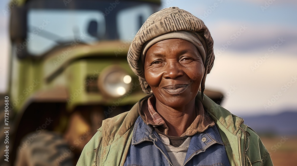 African senior female farmer standing next to the tractor 