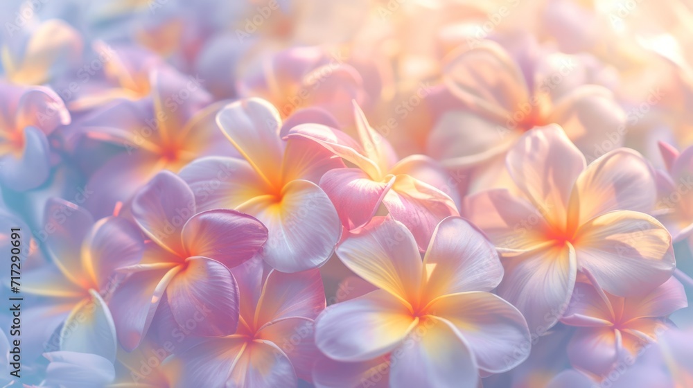 Sun-kissed plumeria flowers in a variety of soft pastels generative ai