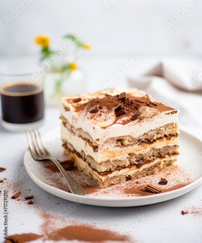 Piece of tiramisu cake with coffee on the table