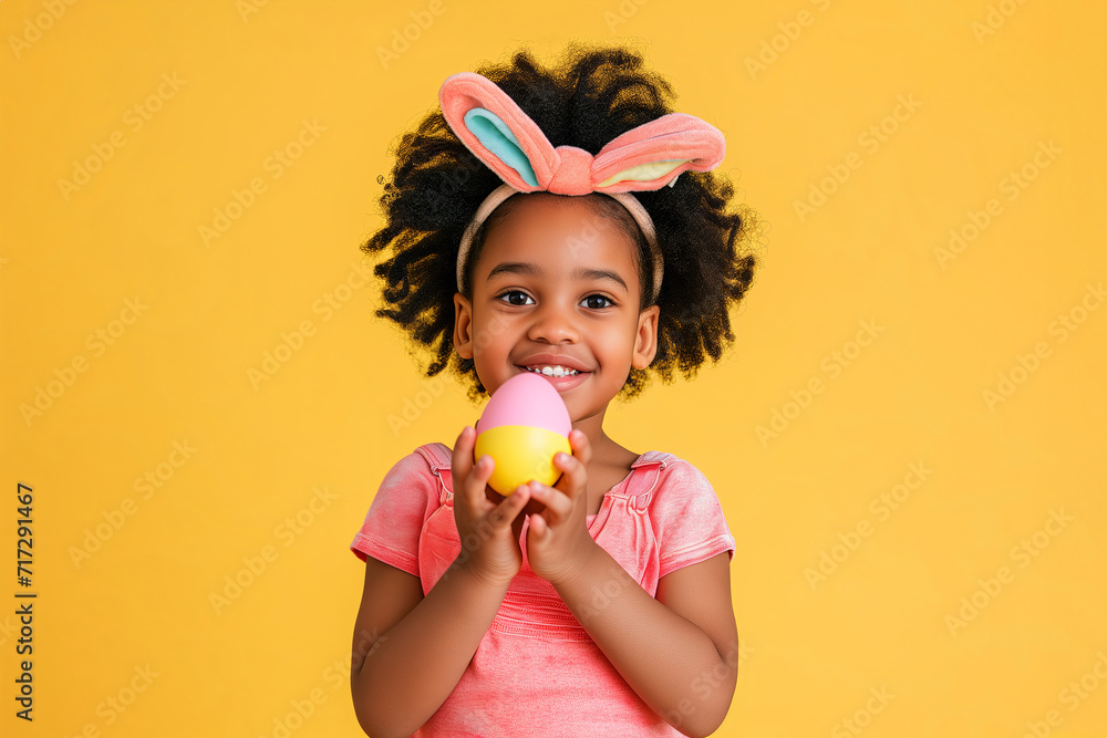Happy african american girl with bunny ears holding colored Easter egg against yellow background Happy african american girl with bunny ears holding colored Easter egg against yellow background