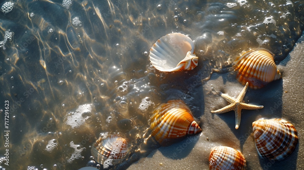 Sea Shells Shimmering At The Beach. (Generative AI). Sea Shells Shimmering At The Beach. (Generative AI).