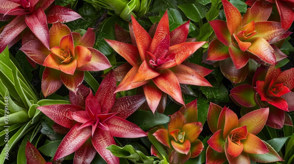 Tropical bromeliad plants with a mix of reds and greens generative ai Tropical bromeliad plants with a mix of reds and greens generative ai