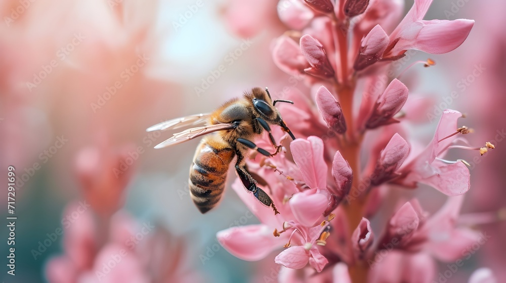 Honey Bee Standing On Pink Flower. (Generative AI). Honey Bee Standing On Pink Flower. (Generative AI).