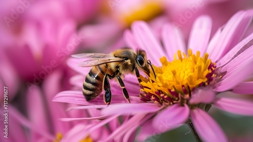 Honey Bee Standing On Pink Flower.  (Generative AI). © Dee