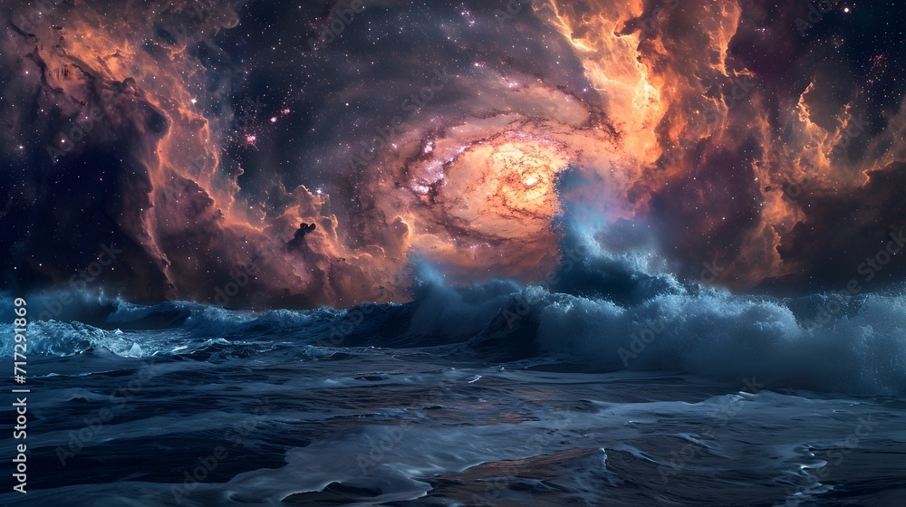 Fototapeta premium Arctic North Sea Storm Waves Clashing With Space Nebula Galaxy Stars Composite Photo (Generative AI).