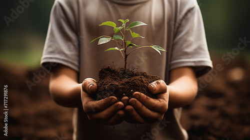 Hand holding tree and soil for seeding on blurred background