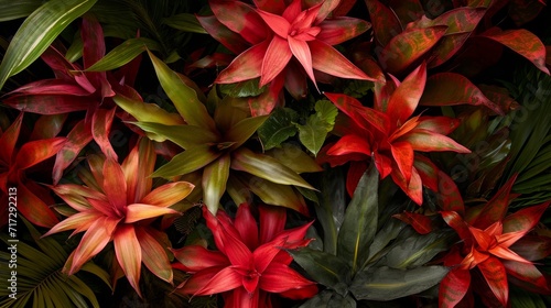 Tropical bromeliad plants with a mix of reds and greens generative ai