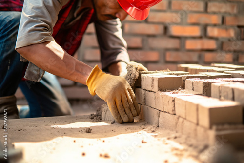 building walls  bricklayer building walls  brick walls  brick laying  adjusting bricks  Worker builds