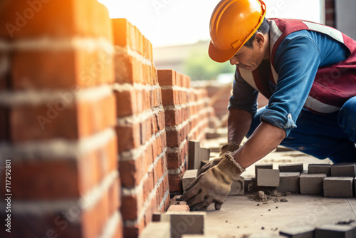 brick wall, bricklayer building walls, Bricklayer installs bricks, Professional worker, ndustrial bricklayer photo