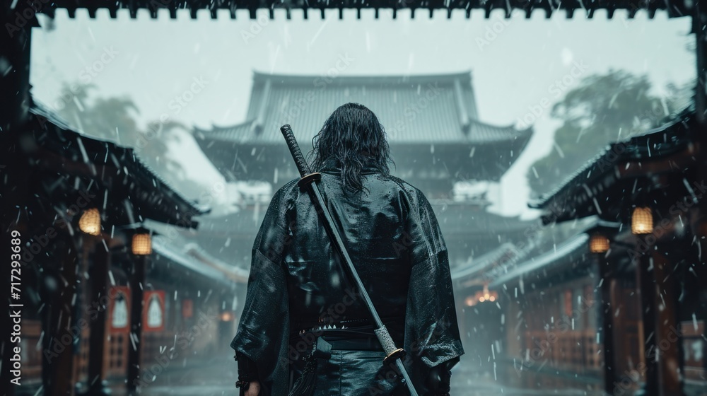 a epic samurai with a weapon sword standing in front of a old japanese temple shrine. - obrazy, fototapety, plakaty 