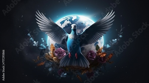 Pigeon on the background of the planet Earth.