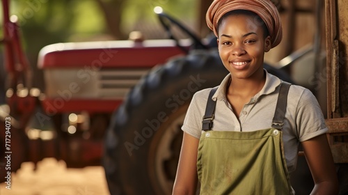 African young female farmer standing next to the tractor 
