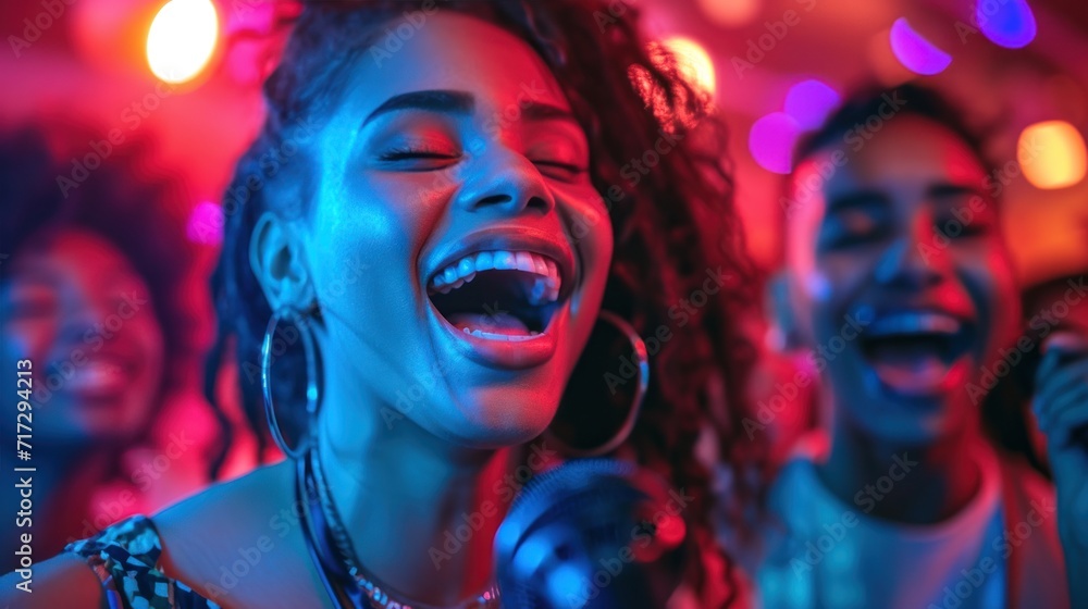 A diverse group of young friends sing at a karaoke party in a nightclub. Enjoy each other's company and laugh together A diverse group of young friends sing at a karaoke party in a nightclub. Enjoy each other's company and laugh together