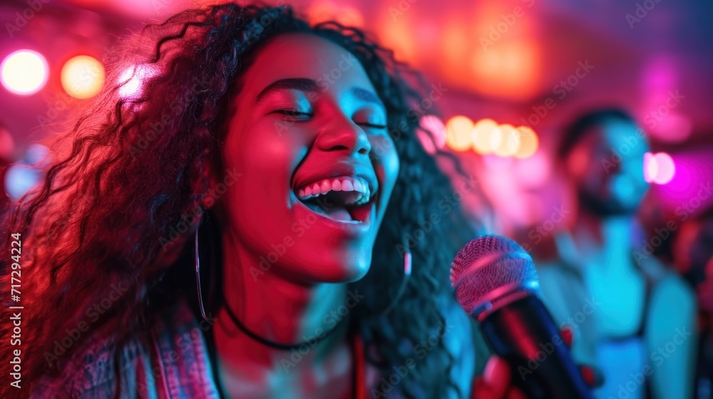 a group of diverse young friends singing at a karaoke party in a night club, a group of diverse young friends singing at a karaoke party in a night club,