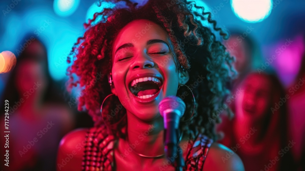 a group of diverse young friends singing at a karaoke party in a night club, a group of diverse young friends singing at a karaoke party in a night club,