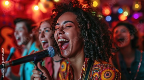A diverse group of young friends sing at a karaoke party in a nightclub. Enjoy each other's company and laugh together