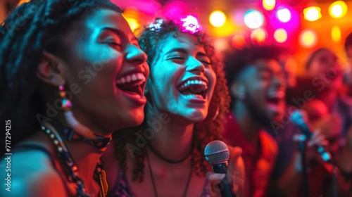A diverse group of young friends sing at a karaoke party in a nightclub. Enjoy each other's company and laugh together