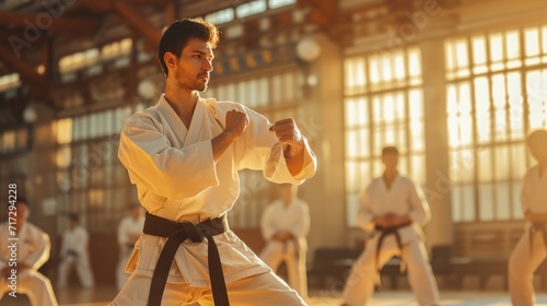 a karate asian martial arts training in a dojo hall. sensei teacher master man wearing white kimono and black belt fighting learning, exercising.