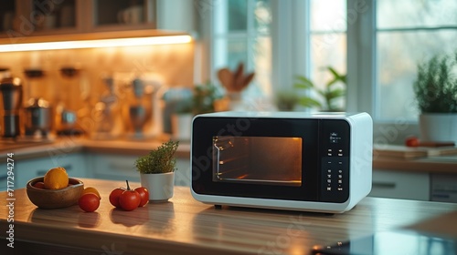 a modern white and black microwave in a house kitchen on the kitchen table.