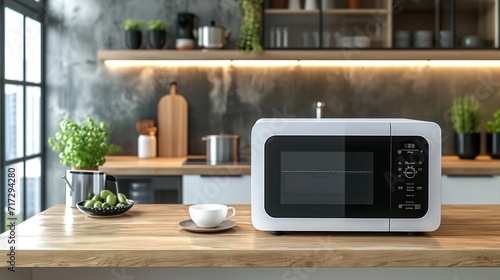 a modern white and black microwave in a house kitchen on the kitchen table. photo