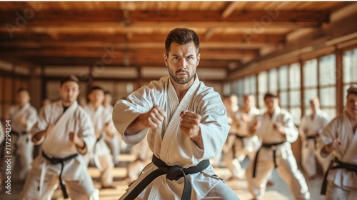a karate asian martial arts training in a dojo hall. sensei teacher master man wearing white kimono and black belt fighting learning, exercising. photo