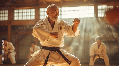 a karate asian martial arts training in a dojo hall. sensei teacher master man wearing white kimono and black belt fighting learning, exercising.