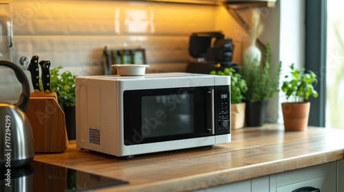 a modern white and black microwave in a house kitchen on the kitchen table. photo