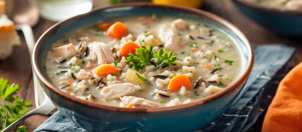 Bowl of chicken and wild rice soup made at home.
