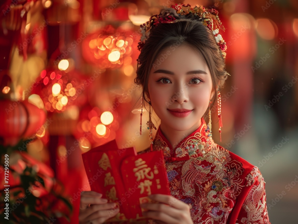 Red Envelope Exchange,Chinese model is exchanging red envelopes (hongbao) in a joyous setting Red Envelope Exchange,Chinese model is exchanging red envelopes (hongbao) in a joyous setting