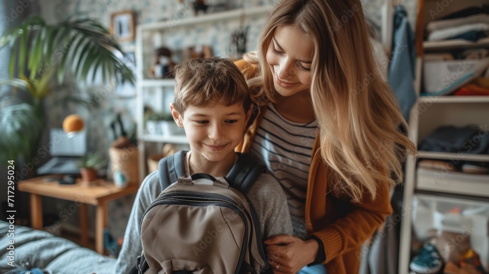 Caring for a young mother helping her teenage children get ready for school Caring for a young mother helping her teenage children get ready for school
