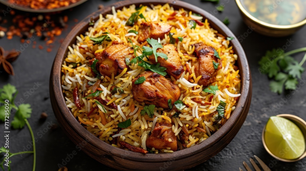 Chicken Biryani food, yellow color Traditional Indian dish of rice and chicken marinated in spices Chicken Biryani food, yellow color Traditional Indian dish of rice and chicken marinated in spices