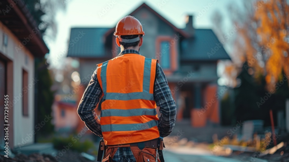construction engineer standing with his back and watches at a house building construction.