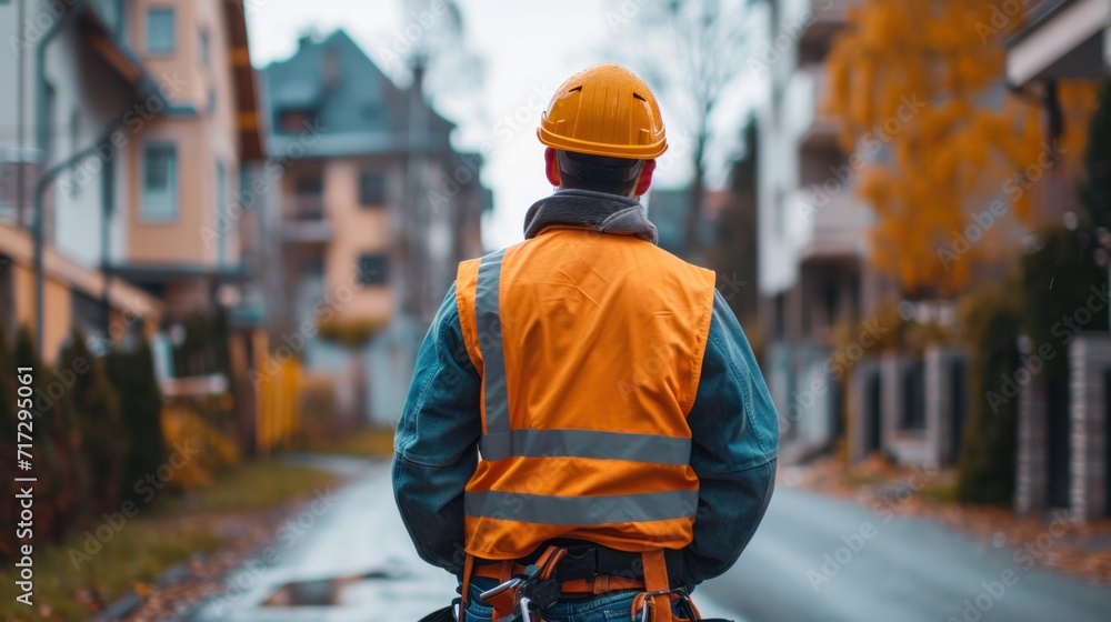 construction engineer standing with his back and watches at a house building construction. construction engineer standing with his back and watches at a house building construction.