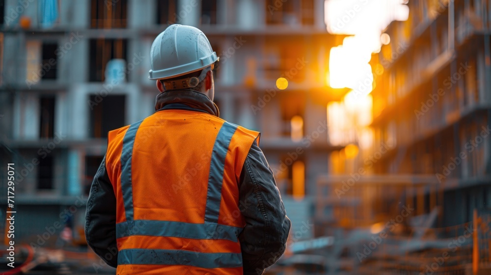 construction engineer standing with his back and watches at a house building construction. construction engineer standing with his back and watches at a house building construction.