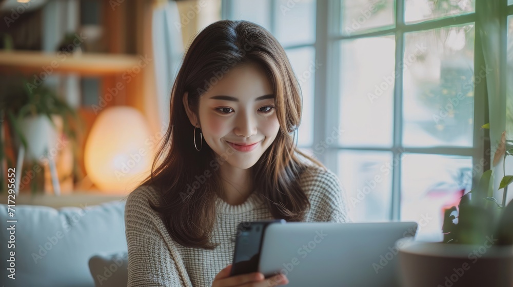 A beautiful business Asian young woman wears casual clothing and uses her mobile phone to shop online and to access social media. Small Business Startup. Online banking.